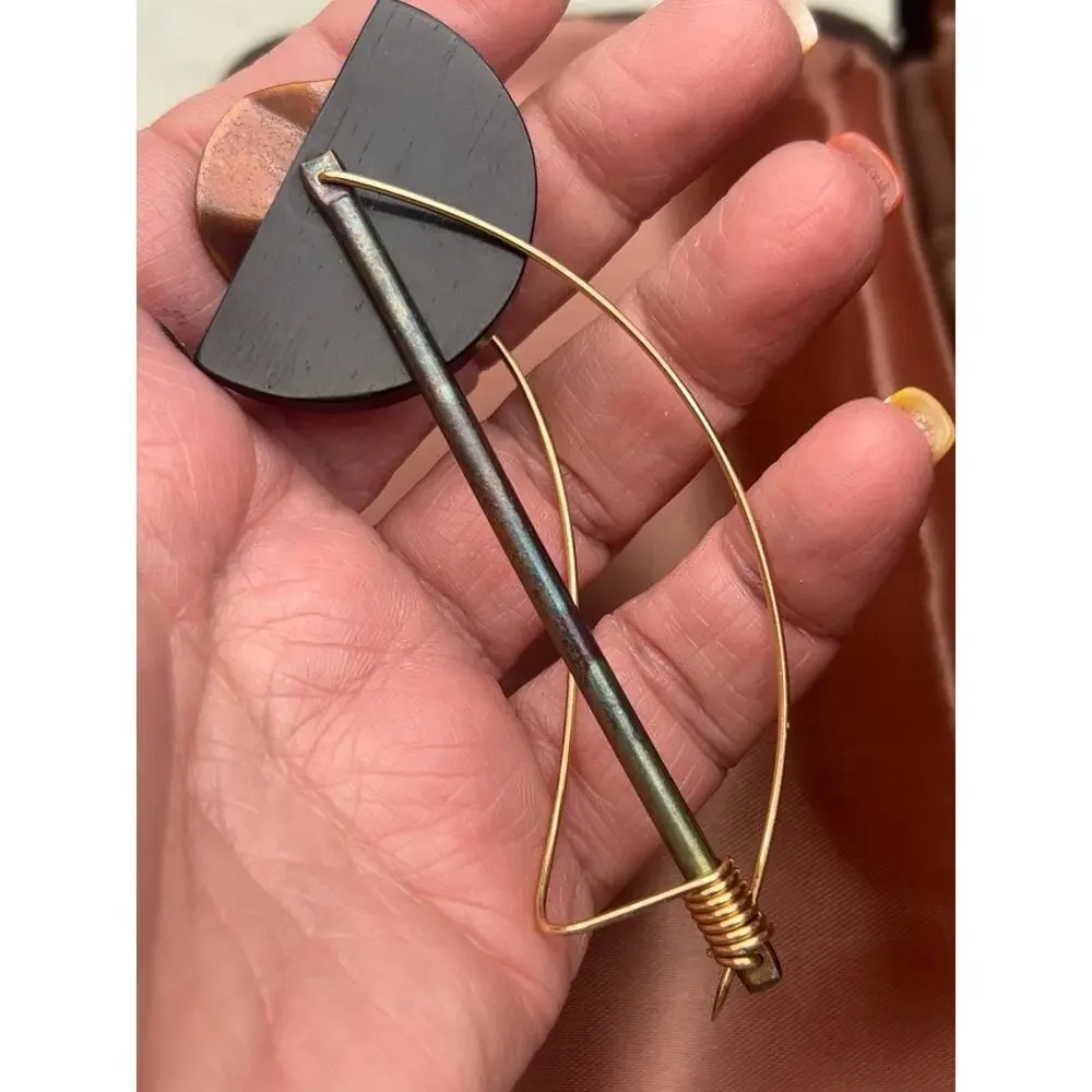Vintage 80s Artisan Kinetic Modernist Mixed Media Brooch Avant-Garde